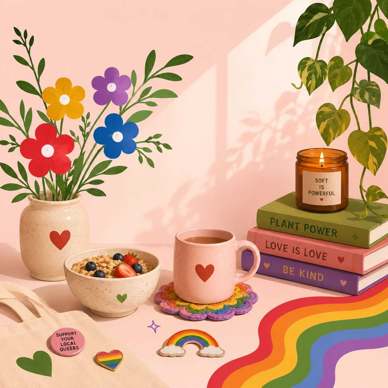 Een kleurrijke ontbijttafel met bloemen, havermout, thee, kamerplanten, pride-regenbogen en boeken over liefde en vriendelijkheid